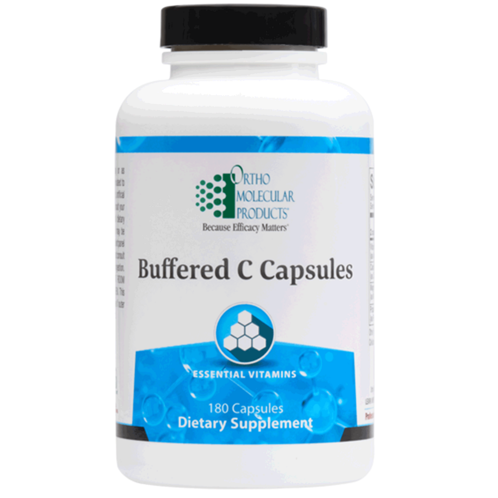 Supplement bottle labeled 'Buffered C Capsules' by Ortho Molecular Products on a white background