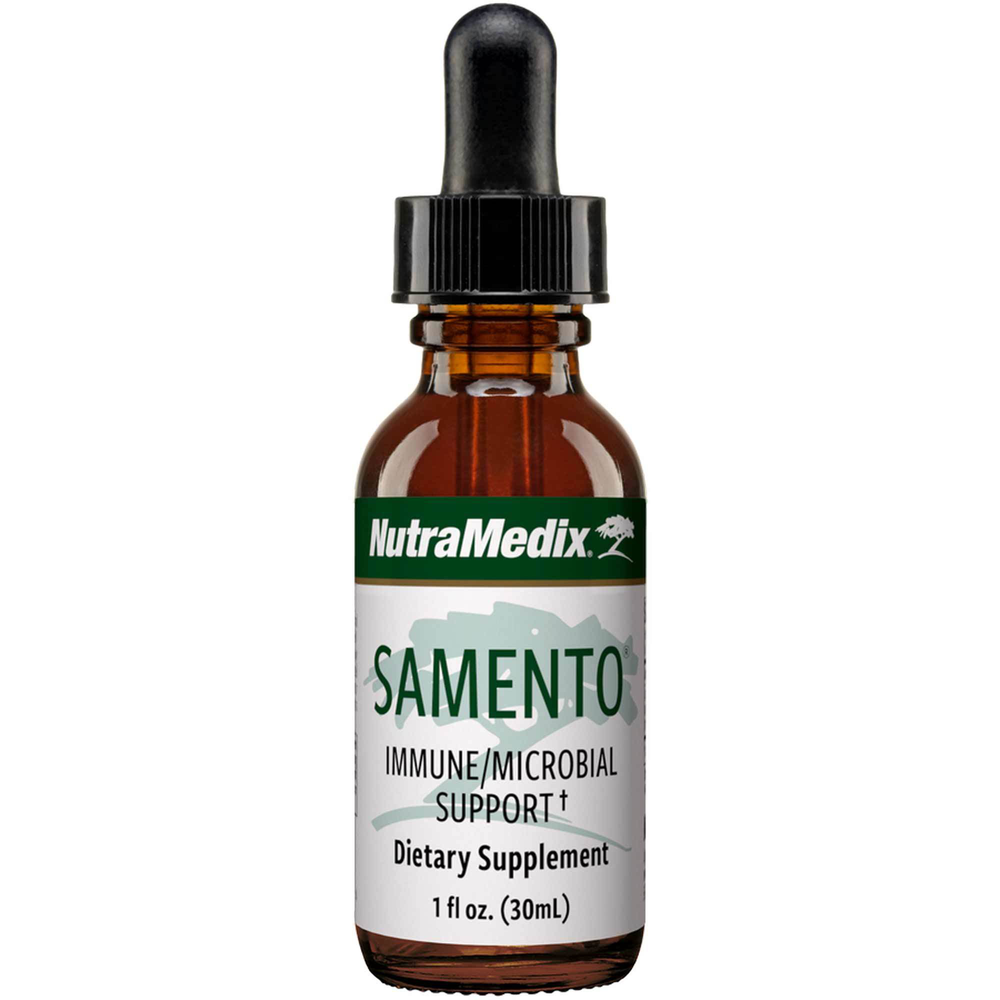 A bottle of Nutramedix Samento Immune/Microbial Support dietary supplement with a dropper, in a clear liquid form.