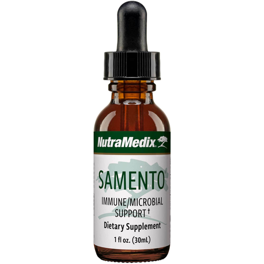 A bottle of Nutramedix Samento Immune/Microbial Support dietary supplement with a dropper, in a clear liquid form.