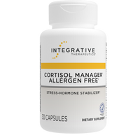 Supplement bottle labeled 'Cortisol Manager Allergen Free' by Integrative Therapeutics on a white background.