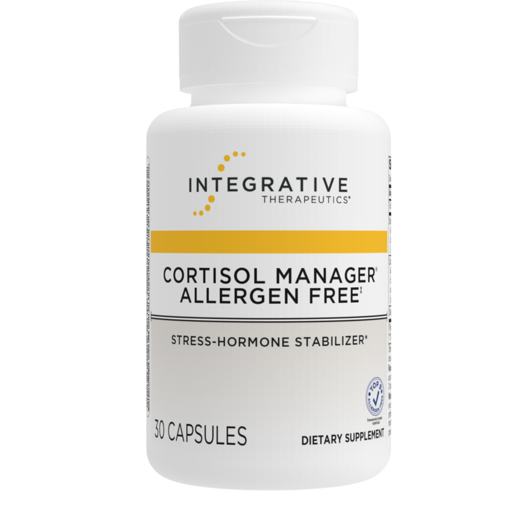 Supplement bottle labeled 'Cortisol Manager Allergen Free' by Integrative Therapeutics on a white background.