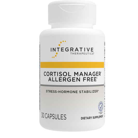 Supplement bottle labeled 'Cortisol Manager Allergen Free' by Integrative Therapeutics on a white background.