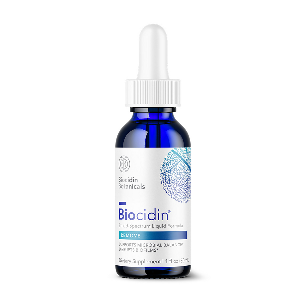 A bottle of Biocidin Broad Spectrum Liquid Formula with a dropper, featuring a blue label with white and green text.
