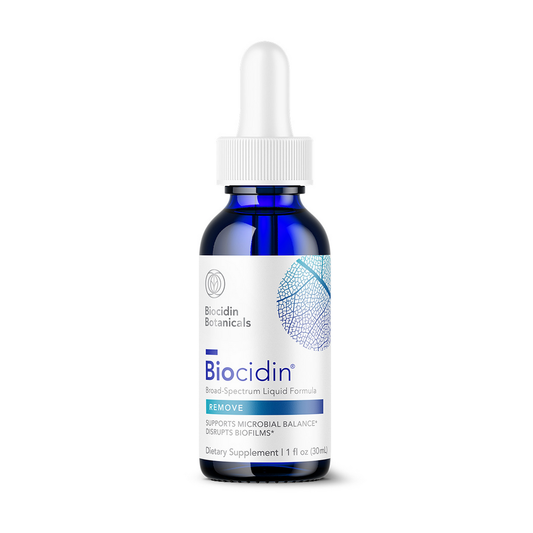 A bottle of Biocidin Broad Spectrum Liquid Formula with a dropper, featuring a blue label with white and green text.