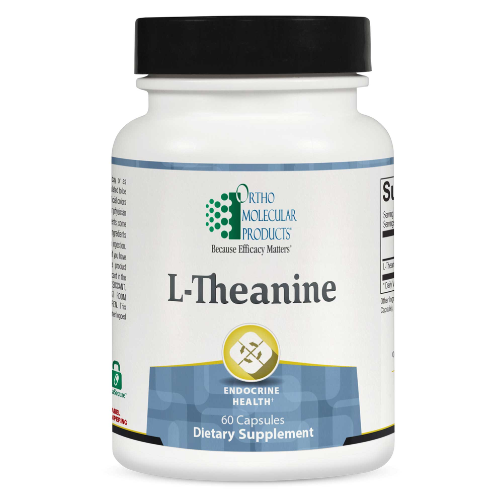 Supplement bottle labeled 'L-Theanine' by Ortho Molecular Products on a white background