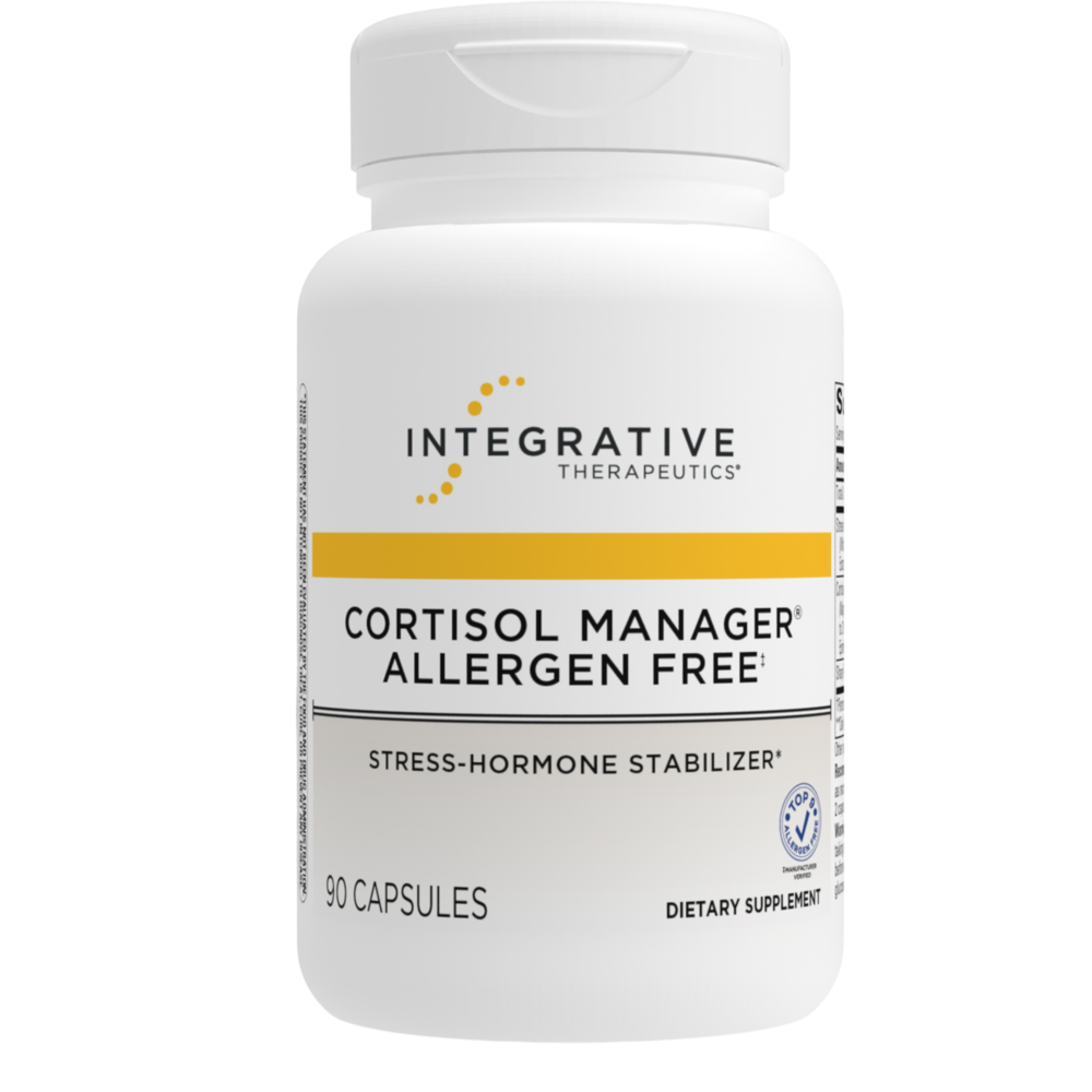 Supplement bottle labeled 'Cortisol Manager Allergen Free' by Integrative Therapeutics on a white background