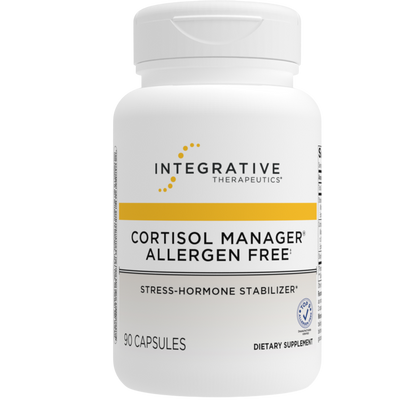Supplement bottle labeled 'Cortisol Manager Allergen Free' by Integrative Therapeutics on a white background