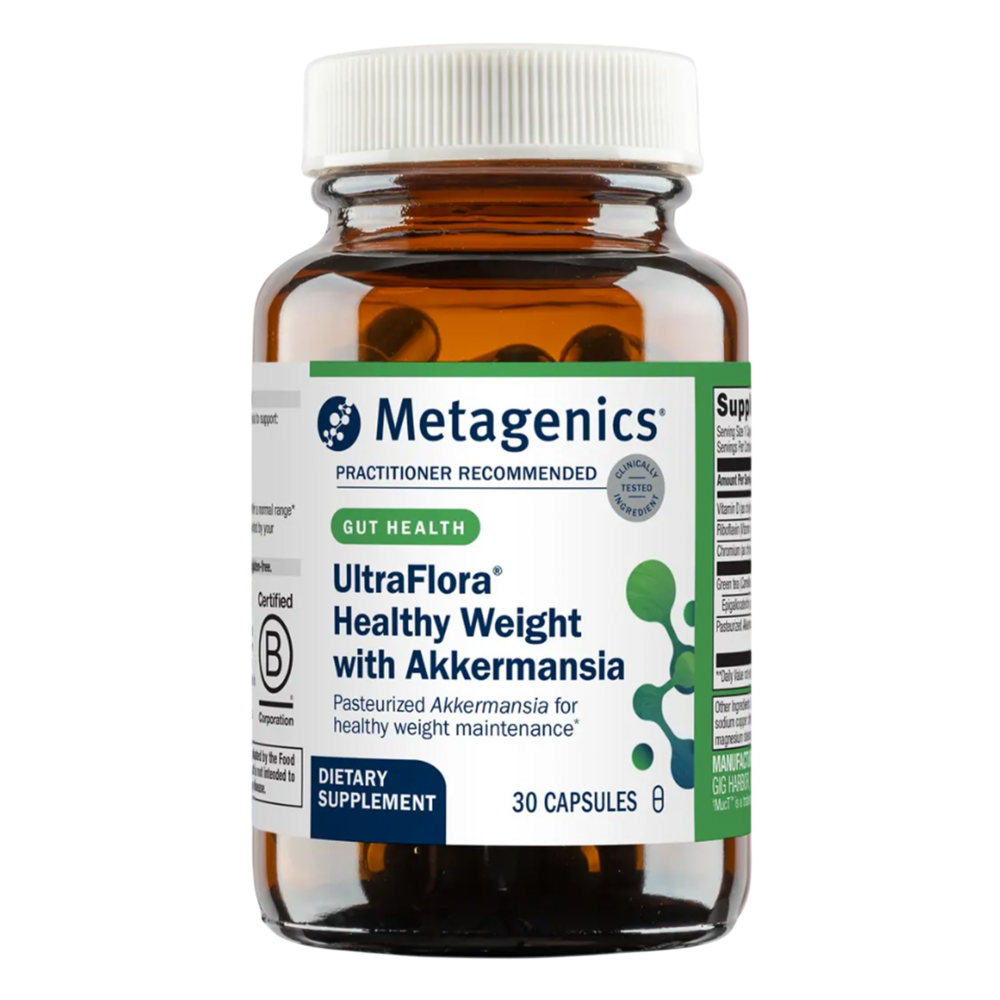 Metagenics UltraFlora Healthy Weight with Akkermansia dietary supplement bottle on a white background