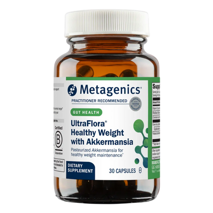 Metagenics UltraFlora Healthy Weight with Akkermansia dietary supplement bottle on a white background