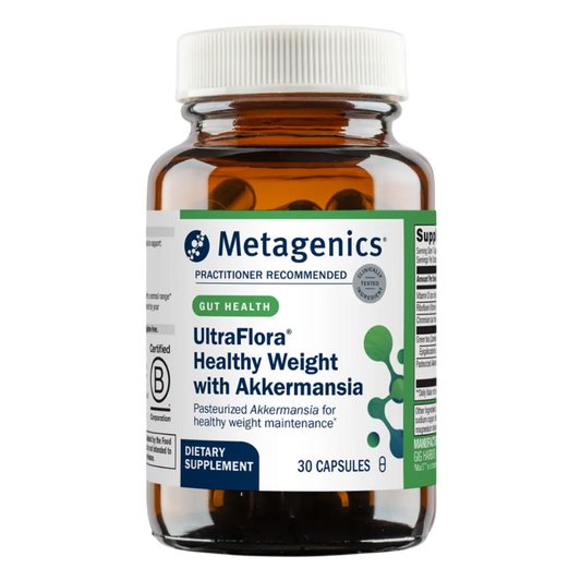 Metagenics UltraFlora Healthy Weight with Akkermansia dietary supplement bottle on a white background