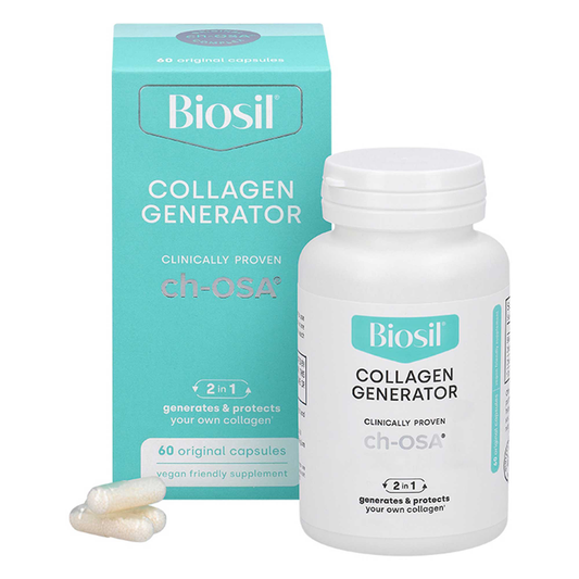 Biosil Collagen Generator supplement bottle and packaging on a white background