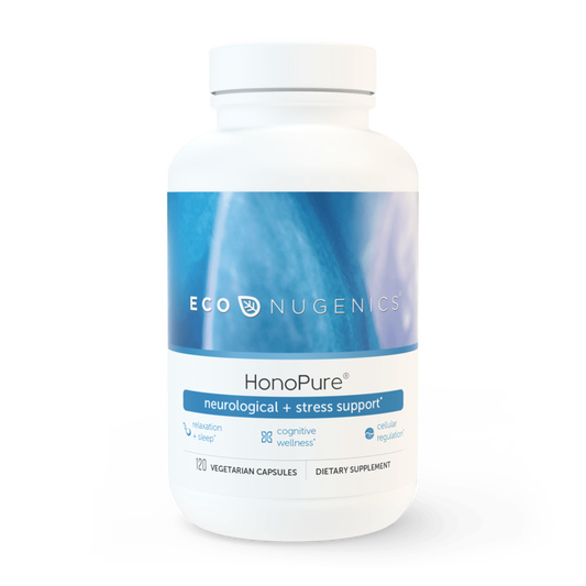 A bottle of EcoNugenics HonoPure, a dietary supplement designed for neurological and stress support, with 120 capsules inside.