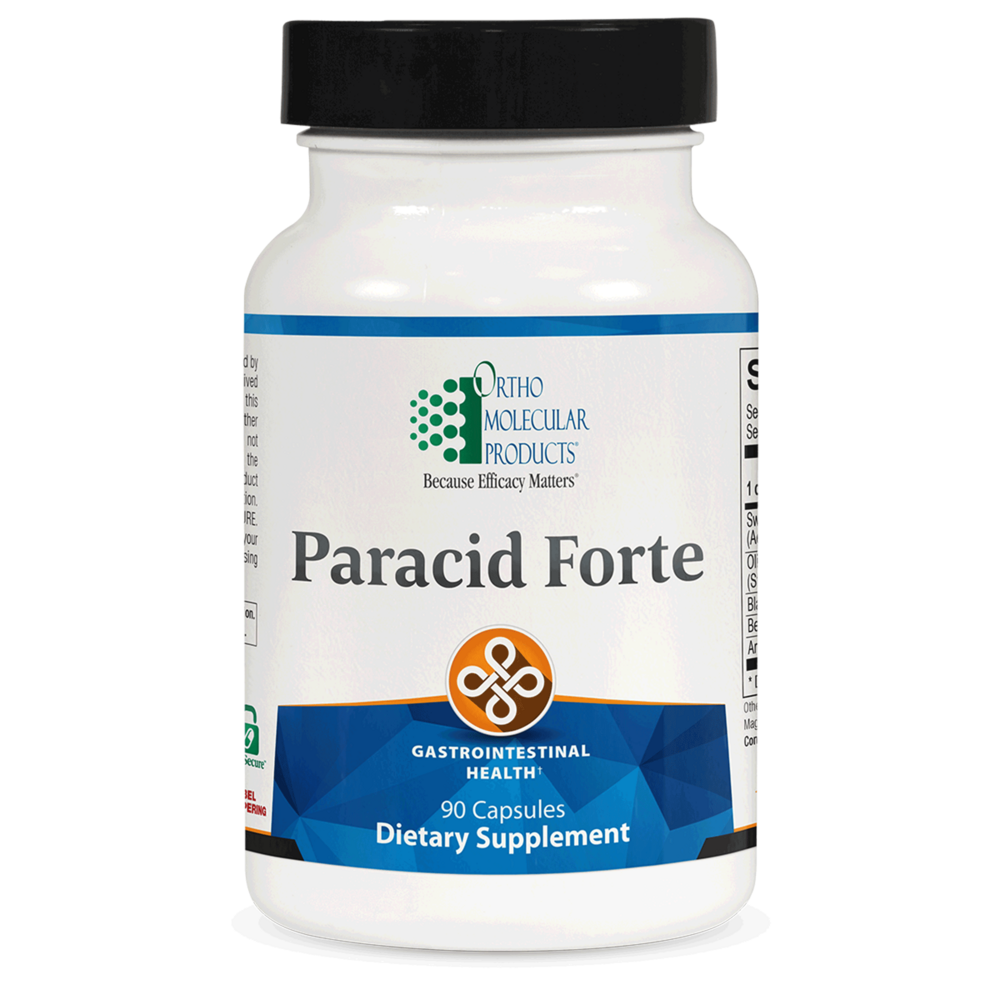 Supplement bottle labeled 'Paracid Forte' by Ortho Molecular Products on a white background