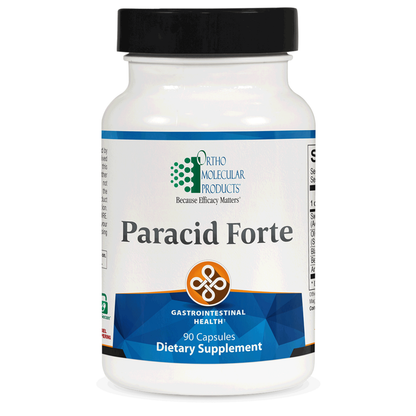 Supplement bottle labeled 'Paracid Forte' by Ortho Molecular Products on a white background