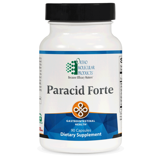 Supplement bottle labeled 'Paracid Forte' by Ortho Molecular Products on a white background