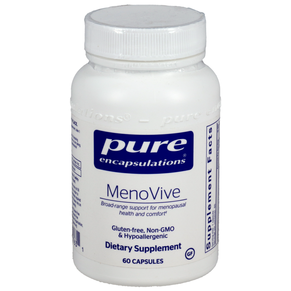 White supplement bottle labeled 'pure encapsulations MenoVive' on a white background
