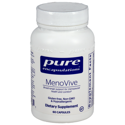White supplement bottle labeled 'pure encapsulations MenoVive' on a white background