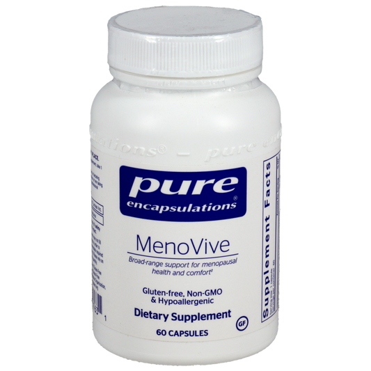 White supplement bottle labeled 'pure encapsulations MenoVive' on a white background
