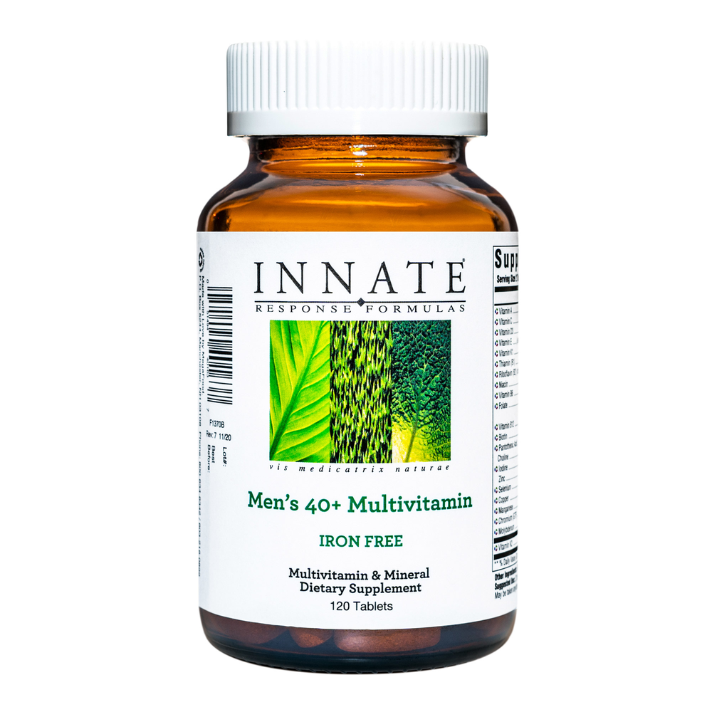 A bottle of Innate Response Men's 40+ Multivitamin, with 120 tablets inside. The label indicates it is iron-free and includes vitamins D, C, E, B, and minerals for men's health.