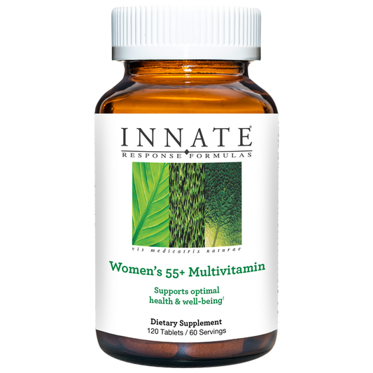 A bottle of INNATE Response Formulas Women's 55+ Multivitamin dietary supplement with 120 tablets/60 servings, emphasizing optimal health and well-being.