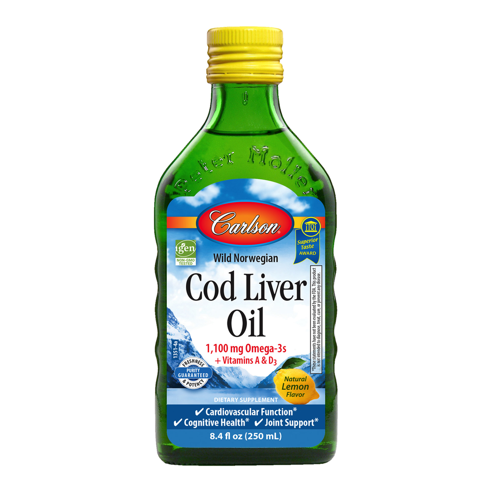 Bottle of Carlson Wild Norwegian Cod Liver Oil on a white background