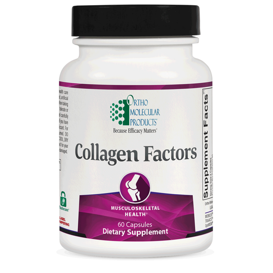 Supplement bottle labeled 'Collagen Factors' by Ortho Molecular Products on a white background