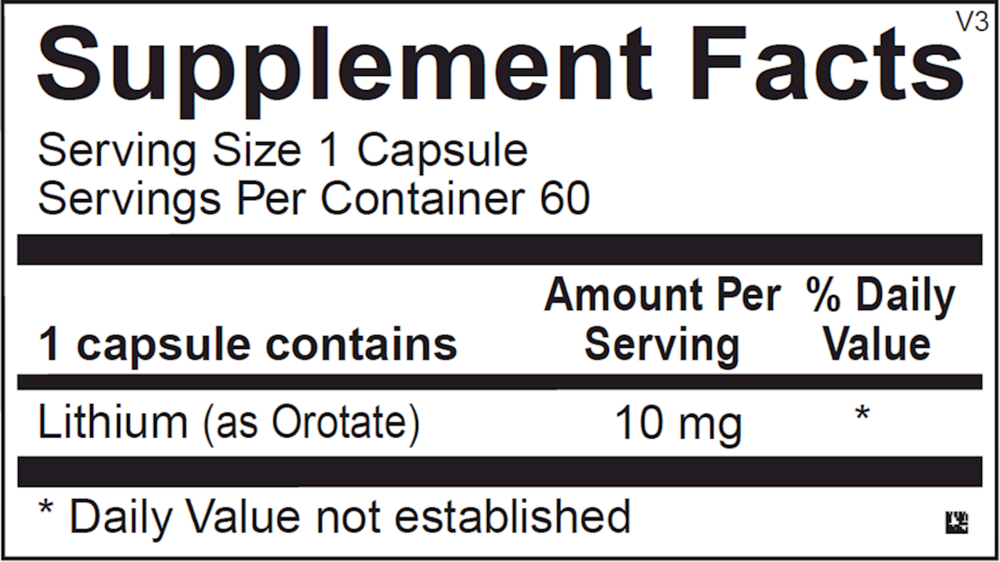 Supplement facts label for a capsule containing lithium as orotate with serving size and container details.