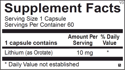 Supplement facts label for a capsule containing lithium as orotate with serving size and container details.