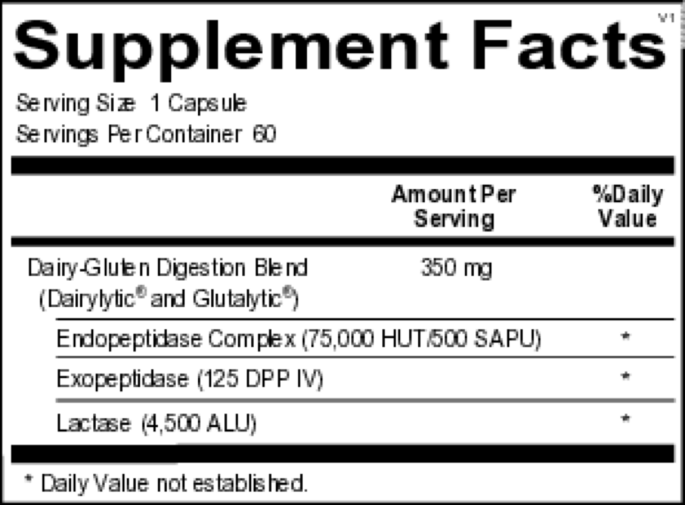 Supplement facts label with various enzymes and their amounts per serving.