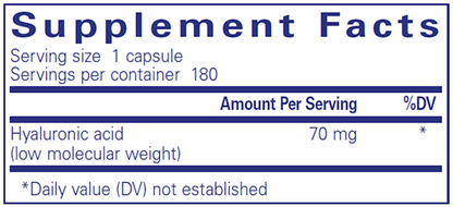 Supplement facts label for a capsule with hyaluronic acid content.