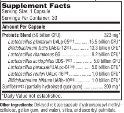 A close-up of a supplement facts label showing a probiotic blend capsule. The label lists various bacterial strains and active ingredients with their CFUs and mg amounts, including Lactobacillus plantarum, Bifidobacterium lactis, Lactobacillus rhamnosus, Lactobacillus acidophilus, Lactobacillus reuteri, and Sunfiber.