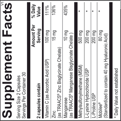 Supplement label with various nutrients and their amounts per serving
