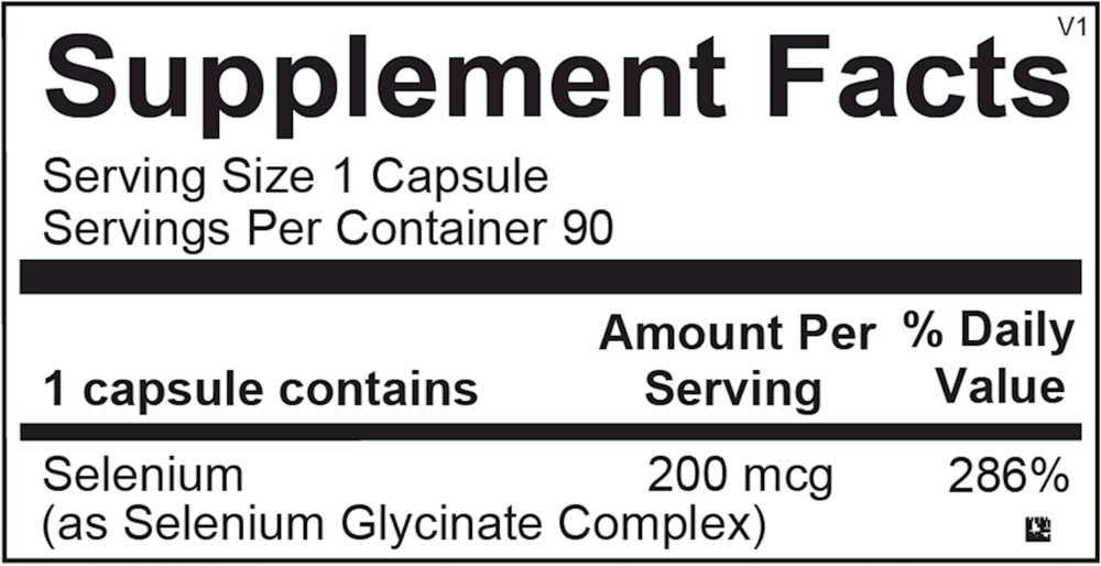 Supplement facts label for a selenium supplement capsule