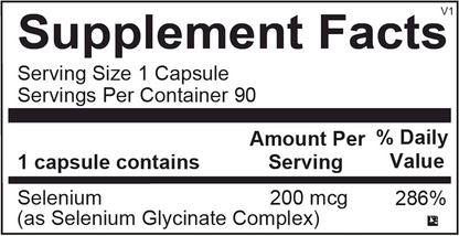 Supplement facts label for a selenium supplement capsule