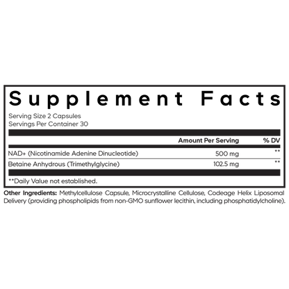 A supplement label of Codeage Liposomal NAD+