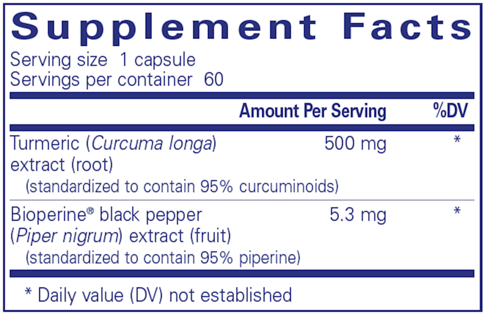 Supplement facts label for a product containing Turmeric and Bioperine.