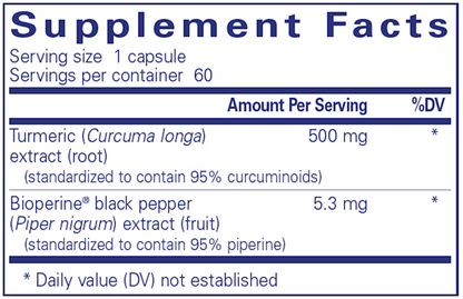 Supplement facts label for a product containing Turmeric and Bioperine.