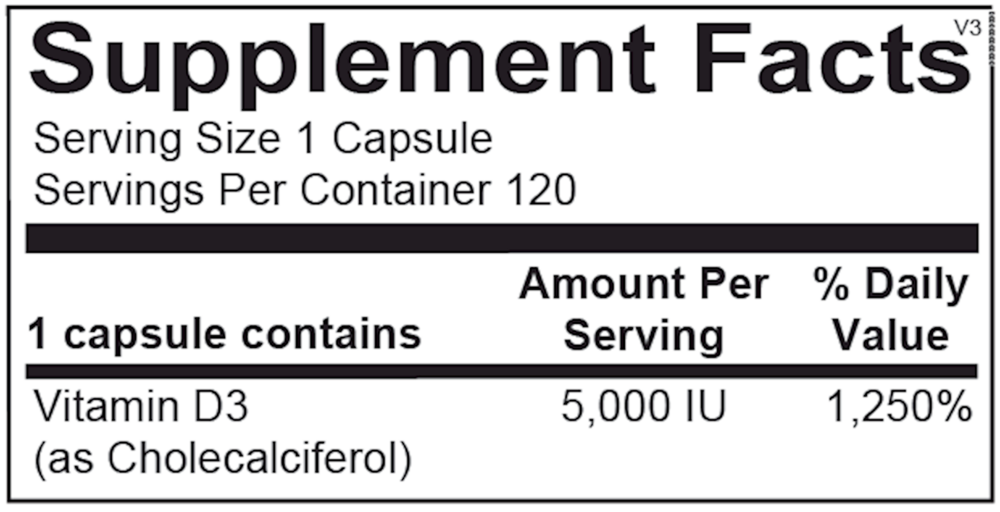 Supplement facts label for a vitamin D3 capsule with serving size, servings per container, and vitamin content details.