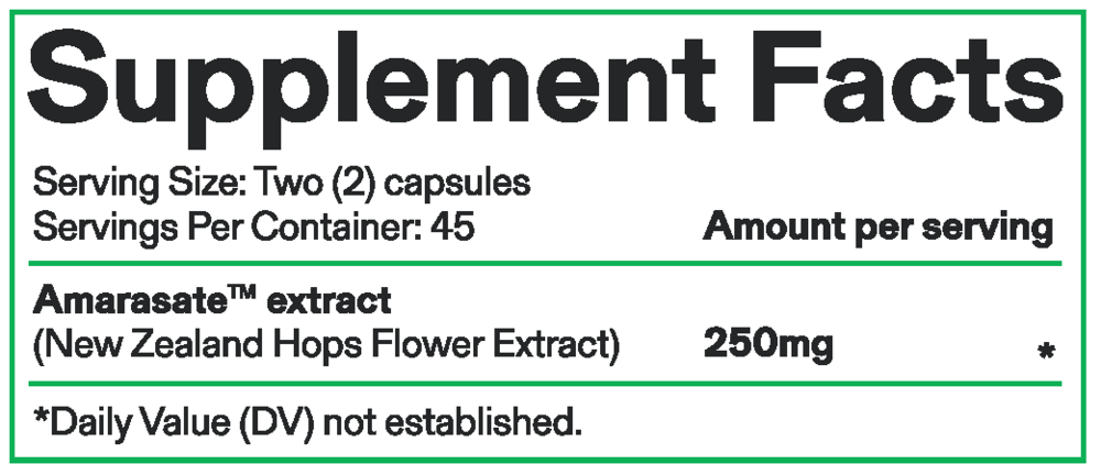 Supplement facts label with amarasate extract information on a green background