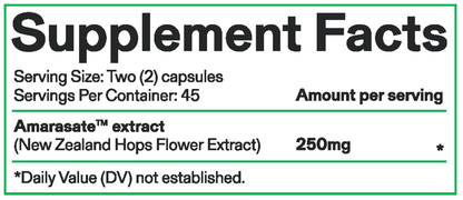 Supplement facts label with amarasate extract information on a green background