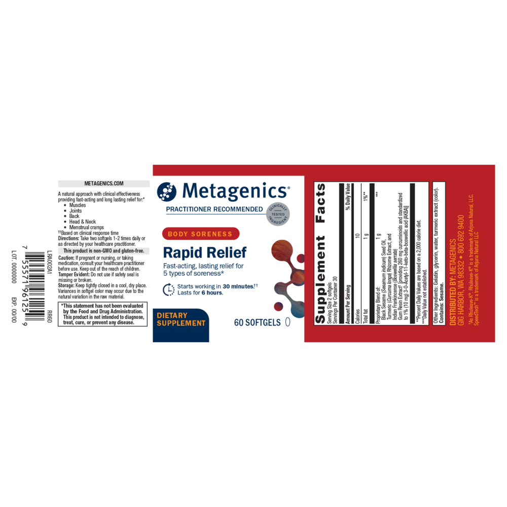 The Supplement facts label for a body of Metagenics Rapids Relief