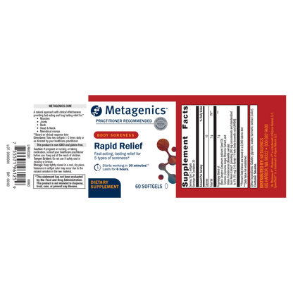 The Supplement facts label for a body of Metagenics Rapids Relief