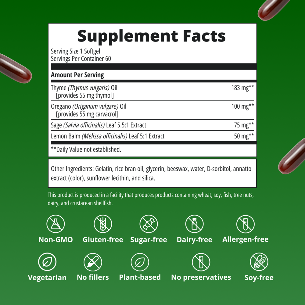 Supplement facts label with ingredients and nutritional information on a green background