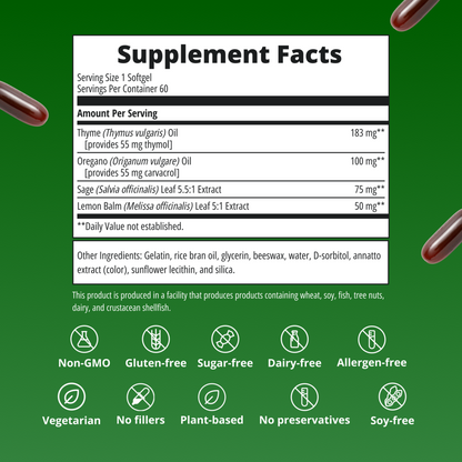Supplement facts label with ingredients and nutritional information on a green background
