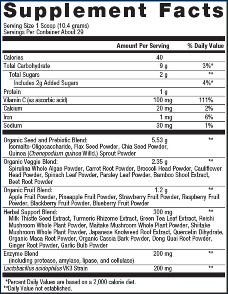 Supplement facts for a canister of Metagenics Phytomulti Superfoods.  
