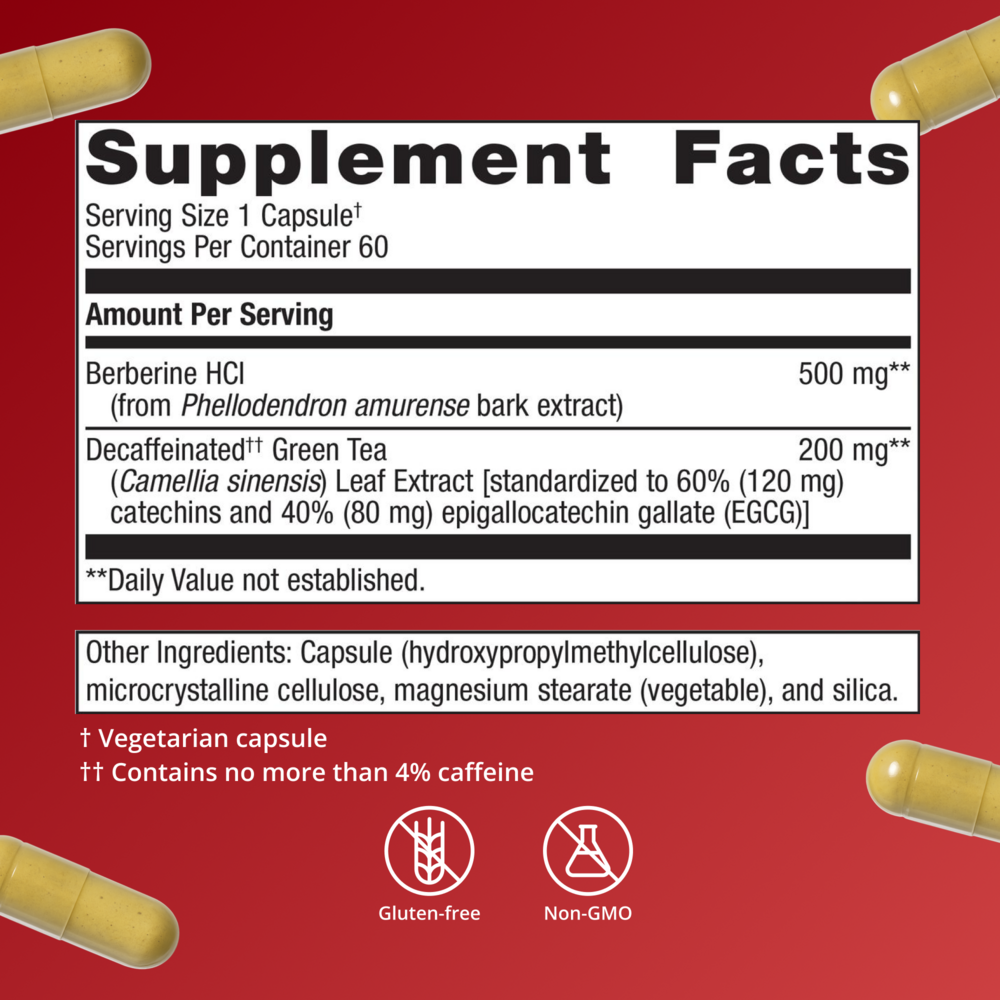 Supplement facts label with capsules on a red background