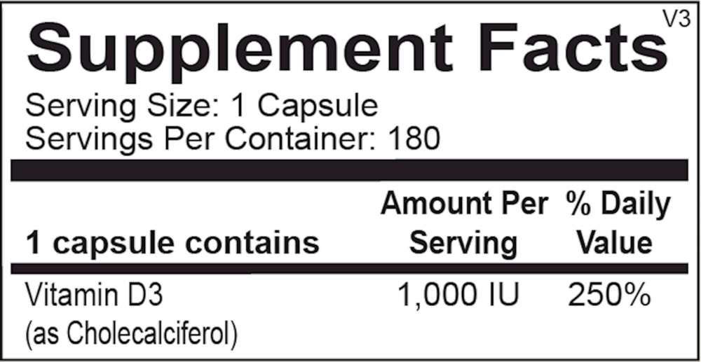 Supplement facts label for a vitamin D3 capsule with serving size, servings per container, and vitamin content details.