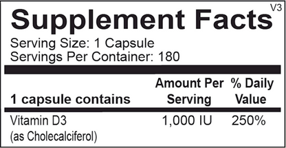 Supplement facts label for a vitamin D3 capsule with serving size, servings per container, and vitamin content details.