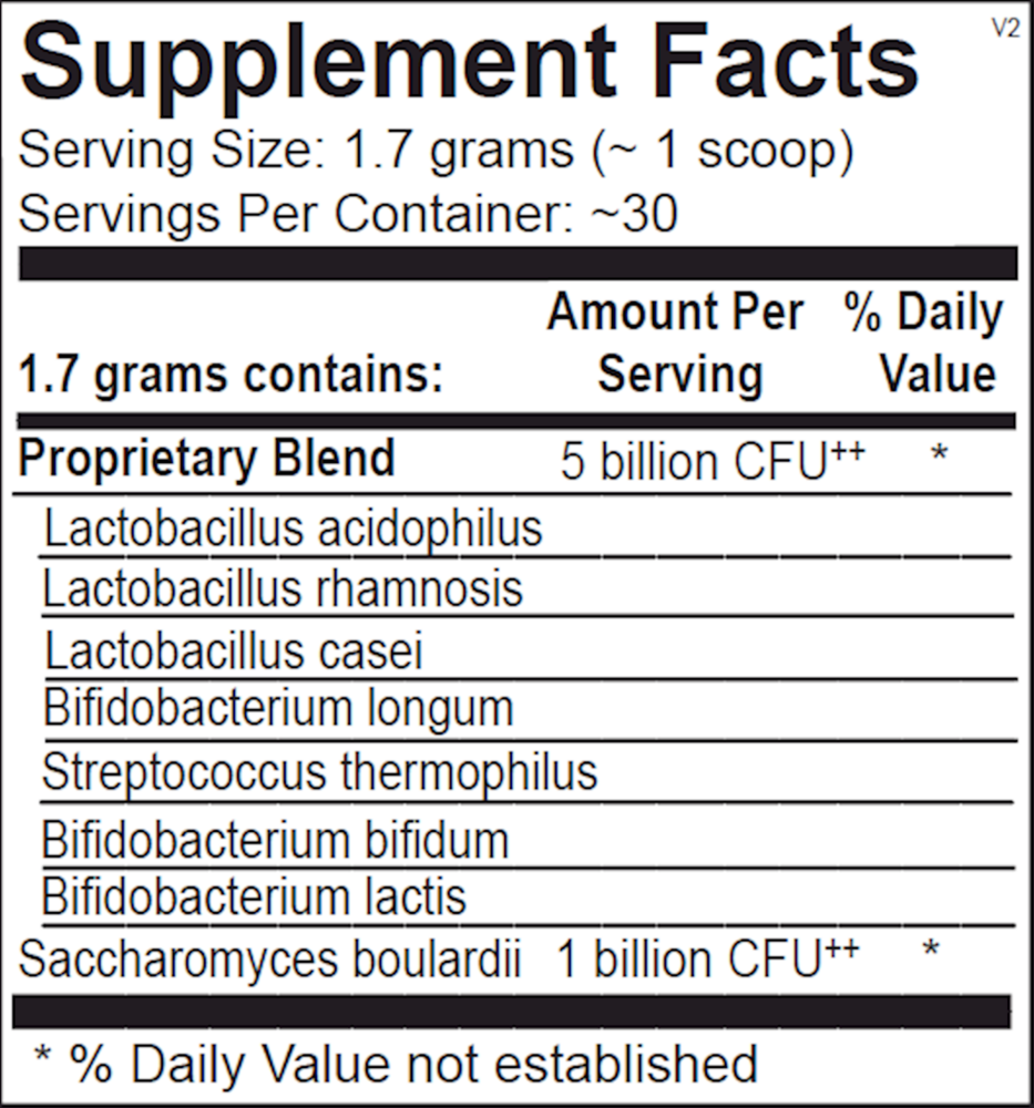 Supplement facts label with bacterial content details on a white background