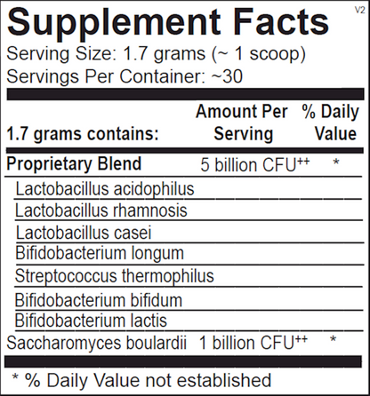 Supplement facts label with bacterial content details on a white background